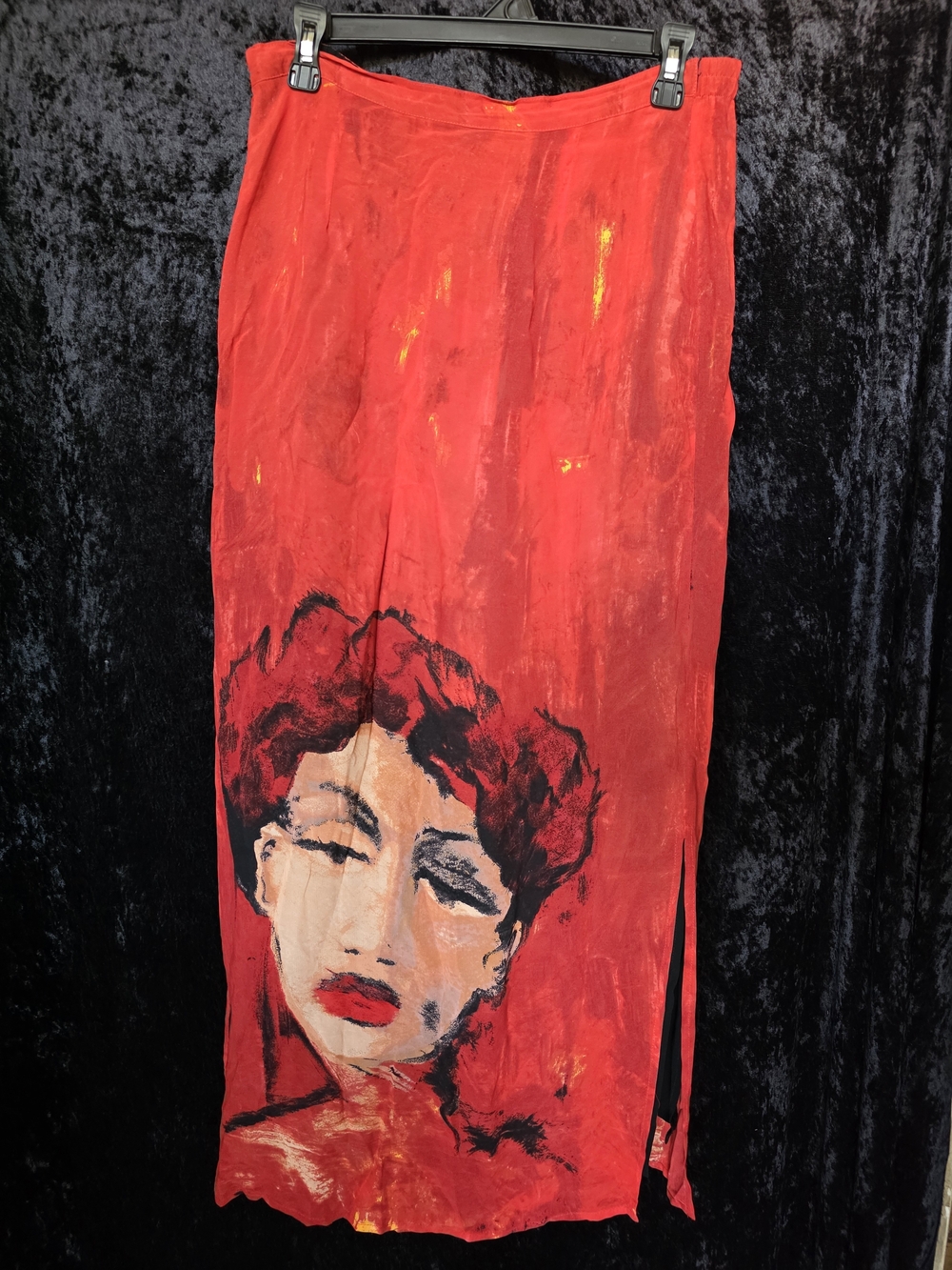 Artistic Red Maxi Skirt with Portrait Design